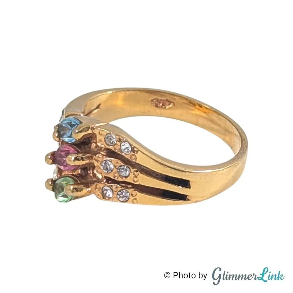 VTG Multicolor Crystals Rhinestone Gold Tone Costume Cocktail Ring Size 8 3/4